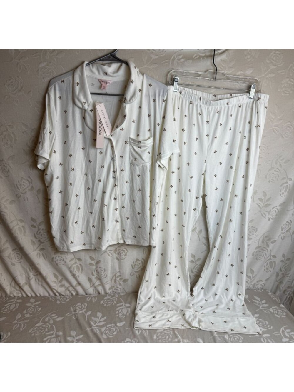 Como Sleep Modal Women's 2 Piece Pajama Pants Set Size L/G Ivory with Bow Print - Picture 2 of 9